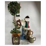 Clock, Topiary, Ceramic Mugs, Snowman Decor