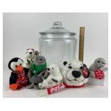Large Glass Cookie Jar, Coca-Cola Plush animals