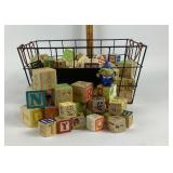 Wooden Alphabet Blocks With Wire Basket