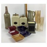 Ceramic Canisters, Bowls, Pitcher, Glass Vases, Sc