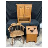 Potato bin, wood chair, cabinet