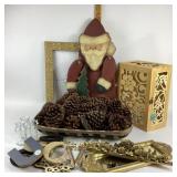 Wooden Santa, Pinecones, Gold Frame, Mirror, Box