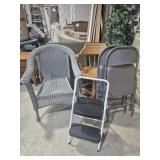 Card Table, 2 Metal Folding Chairs, Grey Wicker