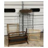 Wood cradle, pet gates, metal plant frame