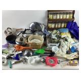 Kitchenware Lot with Spice Rack, Cookware, Towels