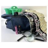 Large soft sided bag, jewelry holders, green