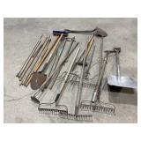 Rakes, shovels, garden tools, handles