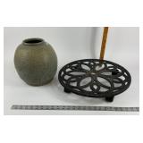 Stoneware Vase With Markings, Cast Iron Trivet