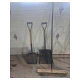 Wood Handle Metal Shovels (2) & Garage Push Broom
