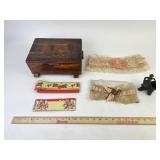 Cast Iron Figure, Carved Wooden Box, Lace Garters