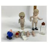 Bisque Dolls, Composition Figures, Glass Bottle