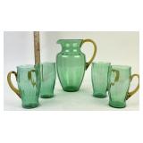 Steuben Pomona Green Glass Pitcher, Glasses