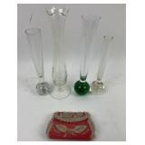 Glass Bud Vases With Beaded Handbag