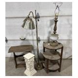 Tables, plant stand, lamps.