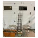 Outdoor tables, planters, tomato cages