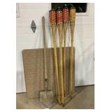 4 tiki torches, card table, shovel