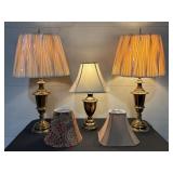 3 brass table lamps, 2 extra shades