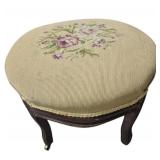 Wood Footstool With Wheels & Embroidered Flower