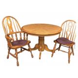 Oak pedestal table, 2 chairs