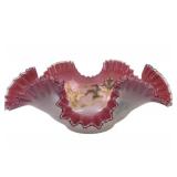 Victorian art glass brides bowl pink enameled