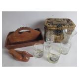 Wooden Tote, Wicker Basket, Glassware, Wooden Duck