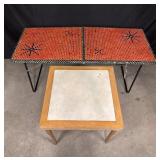2 folding tables, metal with Mosaic pattern, wood