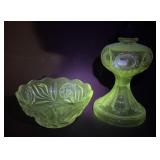 Uranium Glass Bowl, Clear Glass Oil Lamp