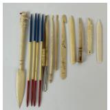 Antique carved crochet hooks, rabbit letter