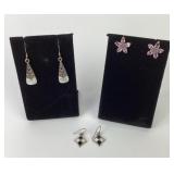 (3) pairs sterling earrings, stones, MOP & black