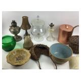Glass Oil Lamps, Wicker Baskets, Copper Bin