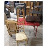 Metal folding table, chairs, stool, shelf