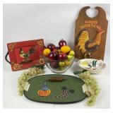 Handpainted Trays, Rooster Decor, Faux Fruit