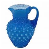Blue Fenton Hobnail Glass Pitcher With Ruffled Rim
