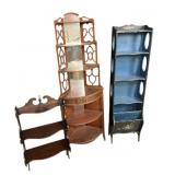 Wood corner table, wood display shelves