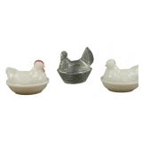 3 Glass Hens On Nest Milk Glass, Clear