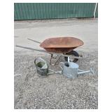 Metal Wheelbarrow & 2 Galvanized Watering Cans