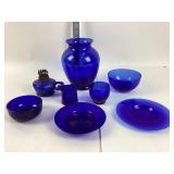 Cobalt Blue Glassware Including Oil Lamp, Ash Tray