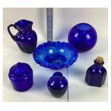 Cobalt Blue Glass Pitcher, Bowls, Vases
