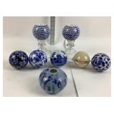 Blue White Ceramic Balls, Glass Candle Holders