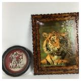 Tiger Artwork With Wood Frame, Bas-Relief Plaque