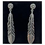 .925 Marked Sterling Silver feather drop earrings,