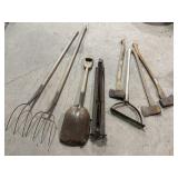Rustic Garden tools- axes, pitchforks, shovel