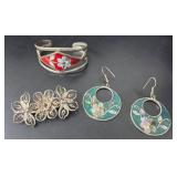 Mexico Stamped Bracelet, Filigree Pin, Earrings
