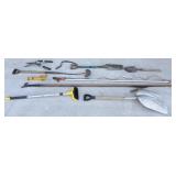 Tools- folding spade, scythe, tree poles, more