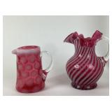 Cranberry Art Glass Pitchers With Clear Handles