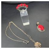 .925 Sand Dollar Pendant, Red Stone Pendant, Stain