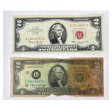 1963, 1976 Two Dollar Bills. Red seal