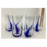 Glass Tumblers With Blue Swirl Design, Set of Six