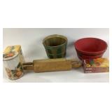 Ghirardelli Tin, Wooden Buckets, Rolling Pins