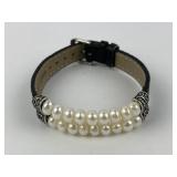 Sterling, leather & freshwater pearl bracelet